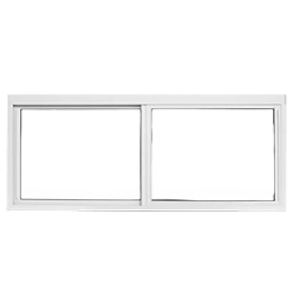 A white-framed horizontal sliding window with two glass panes, each set in a separate panel. The window is shown on a plain background.