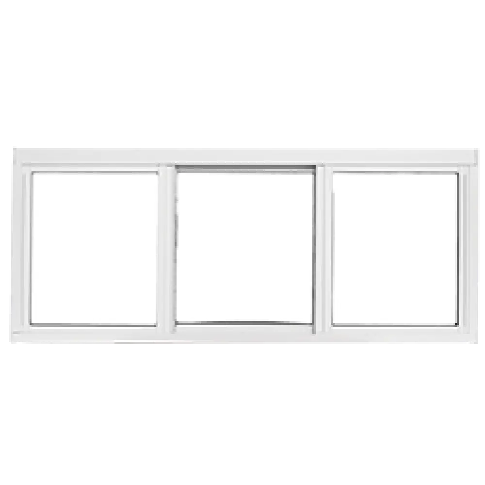 A rectangular white-framed window with three vertical sections, each with a clear pane of glass, set against a transparent background.