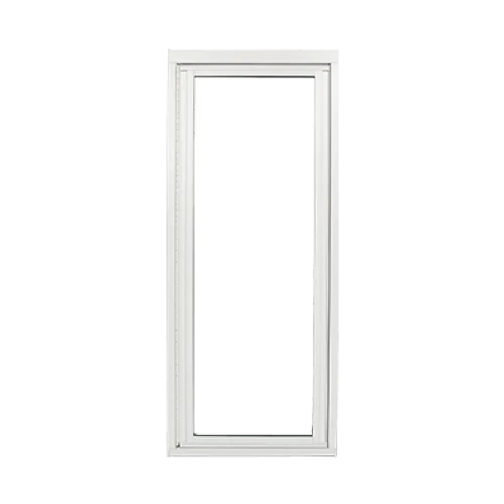 A white-framed single-hung window with the bottom sash partially raised and the top sash fixed, displayed against a transparent background.