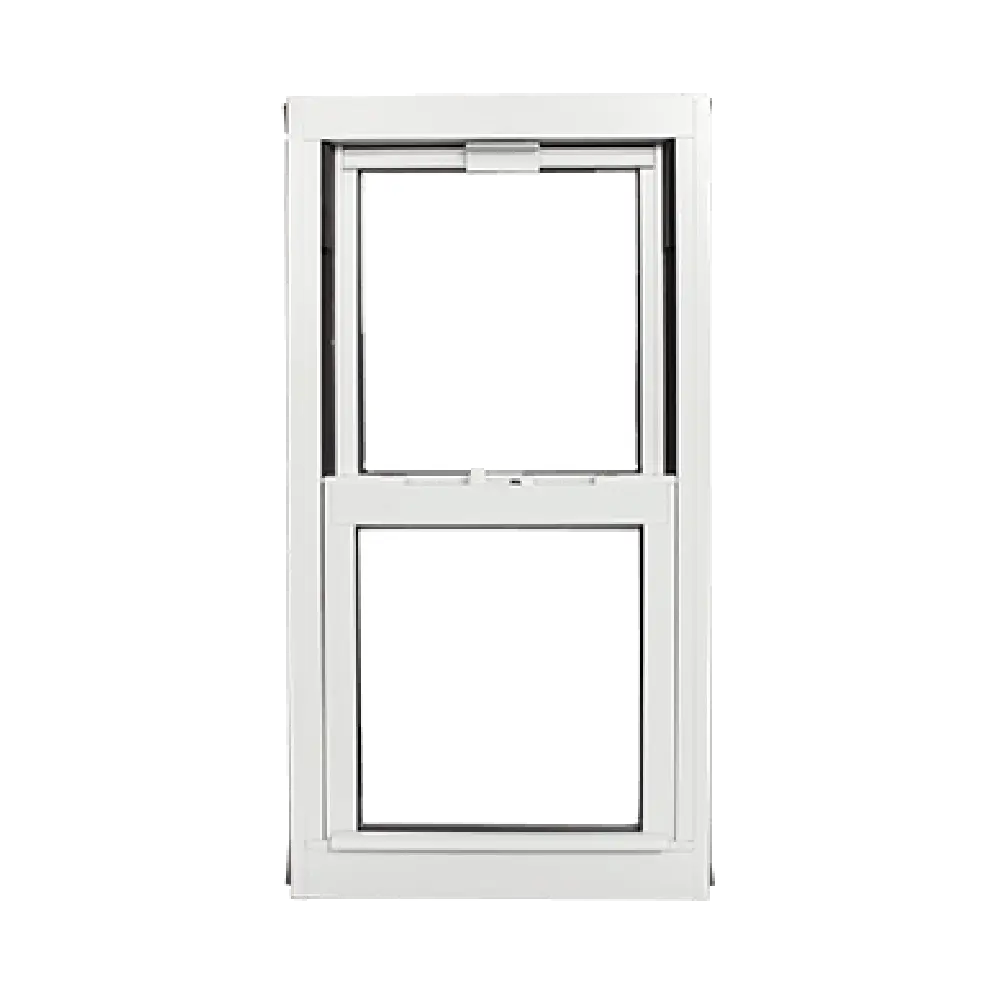 A white, rectangular, double-hung window with two glass panes; the top pane is fixed while the bottom pane can slide upward for ventilation. The background is transparent.