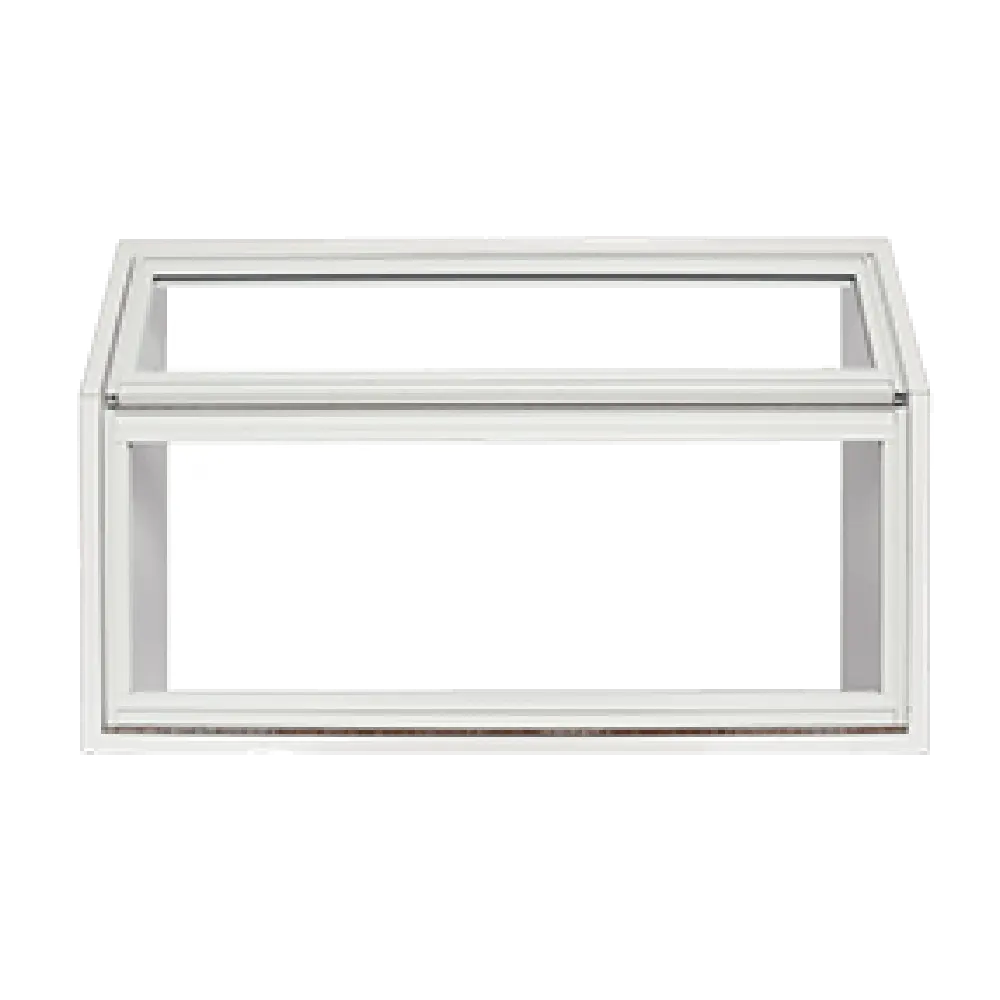 A white, rectangular window frame with a slanted top section, shown against a plain background. The frame has no glass, and both the upper and lower sections are open.