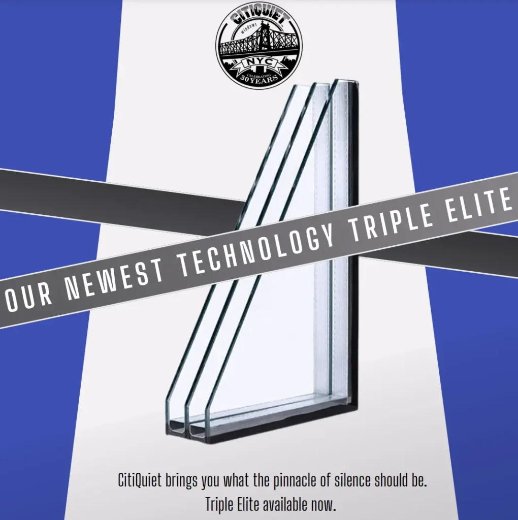 A glass window panel with three layers stands upright against a blue and white background. A banner across the image reads, “Our Newest Technology Triple Elite.” The CitiQuiet logo appears at the top. Text at the bottom promotes the product.