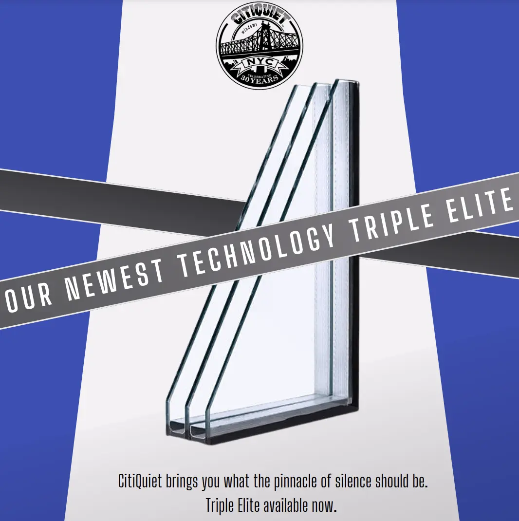 A glass window panel with three layers stands upright against a blue and white background. A banner across the image reads, “Our Newest Technology Triple Elite.” The CitiQuiet logo appears at the top. Text at the bottom promotes the product.