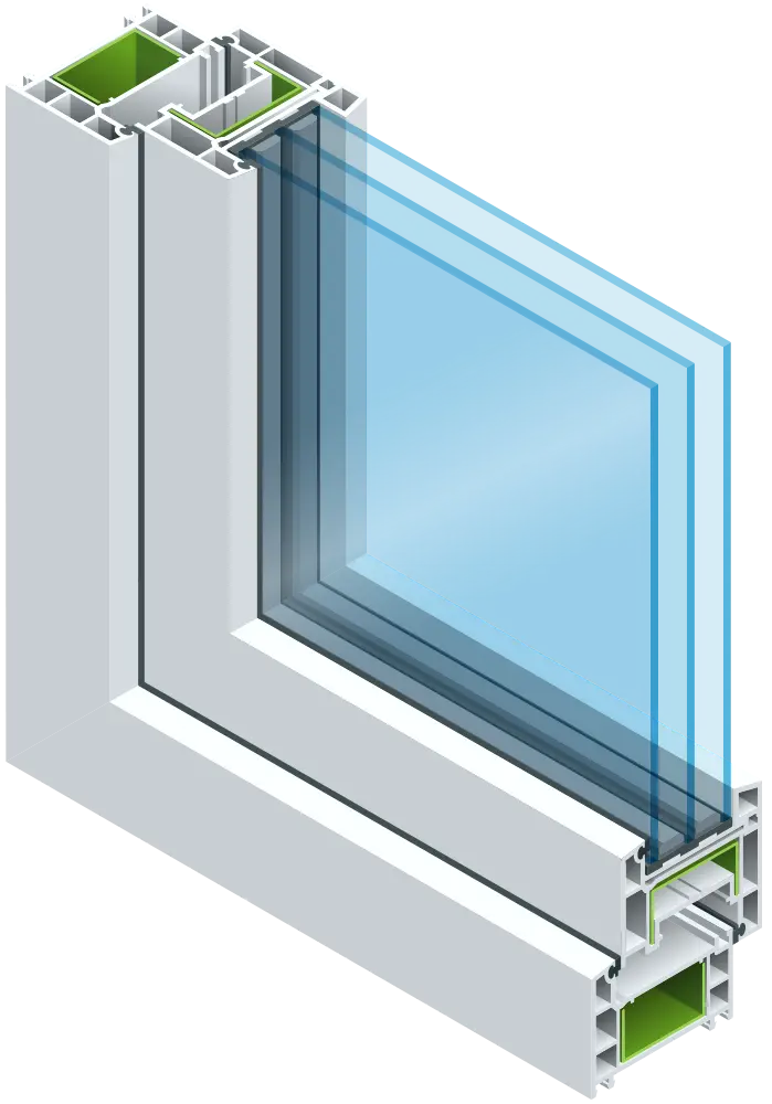 Cross-section illustration of a double-glazed PVC window frame with green insulating elements, showing two glass panes separated by an air gap. The image highlights the window's structure and layers.
