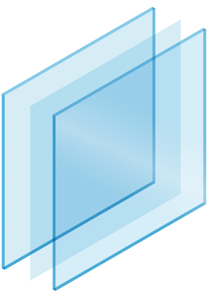 Three transparent blue rectangles overlap one another, creating a layered effect with varying shades of blue where the rectangles intersect. The shapes have sharp, clean edges and a light reflection in the center.