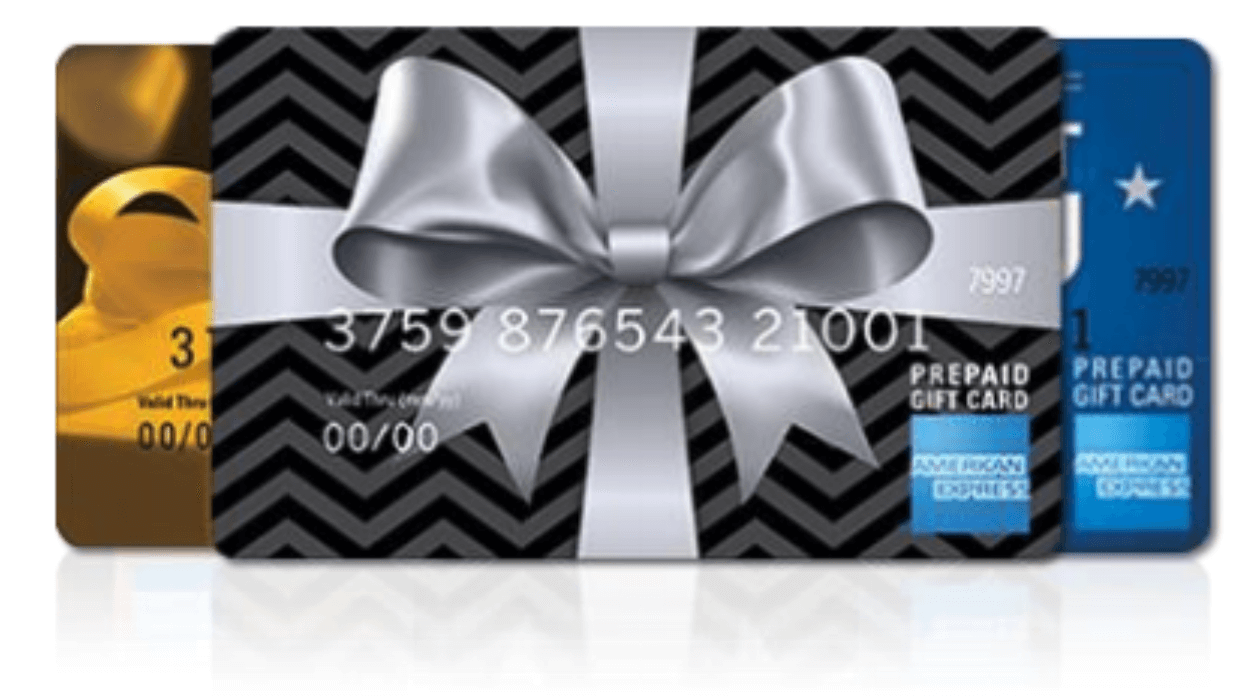 Three American Express prepaid gift cards are shown overlapping. The front card features a silver bow on a black chevron background with card numbers visible. The other two cards are gold and blue.