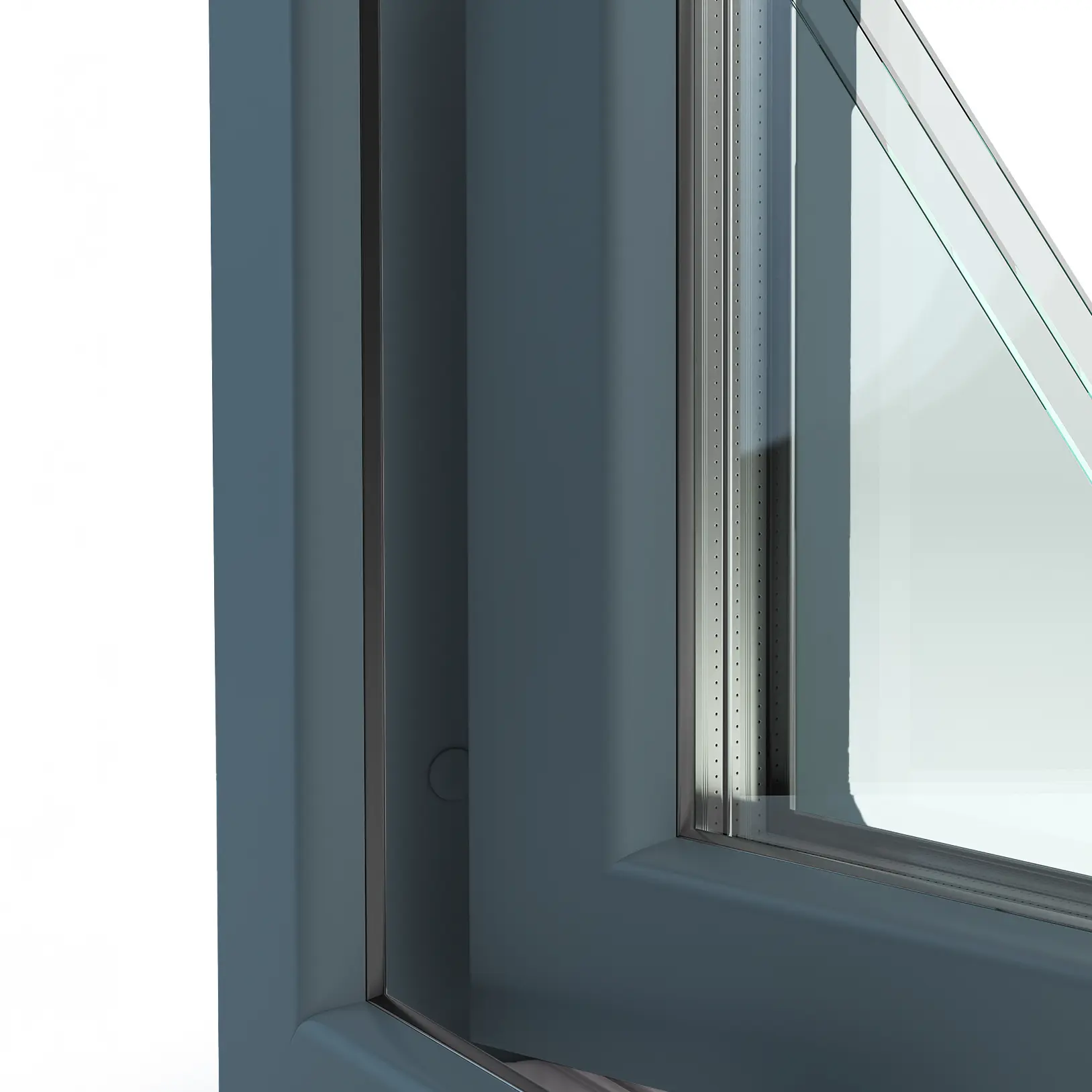 Close-up view of a modern, dark-framed window partially open, showing the edge of double-glazed glass panes and metallic spacers. The background is white and out of focus.