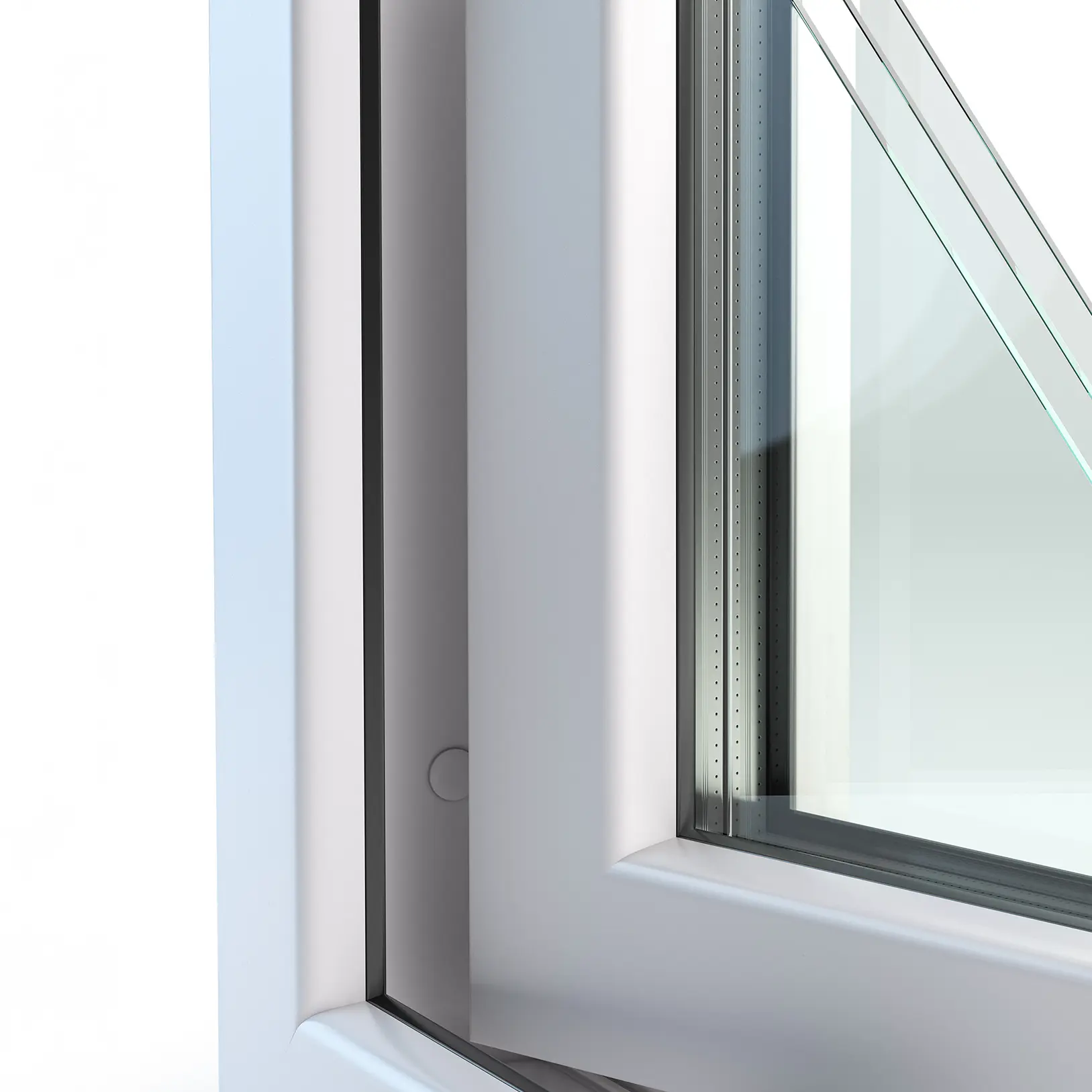 Close-up view of a partially open double-glazed window with a white frame, showing the edge of the glass panels and the insulation detail inside the window structure.