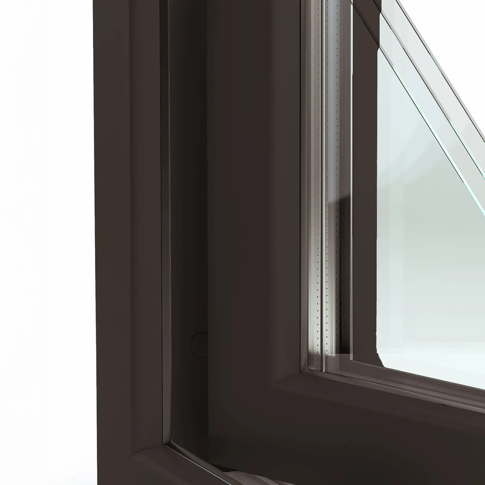 Close-up of a dark brown window frame with a double-glazed glass panel, showing the corner detail and the edge of the glass against a white background.
