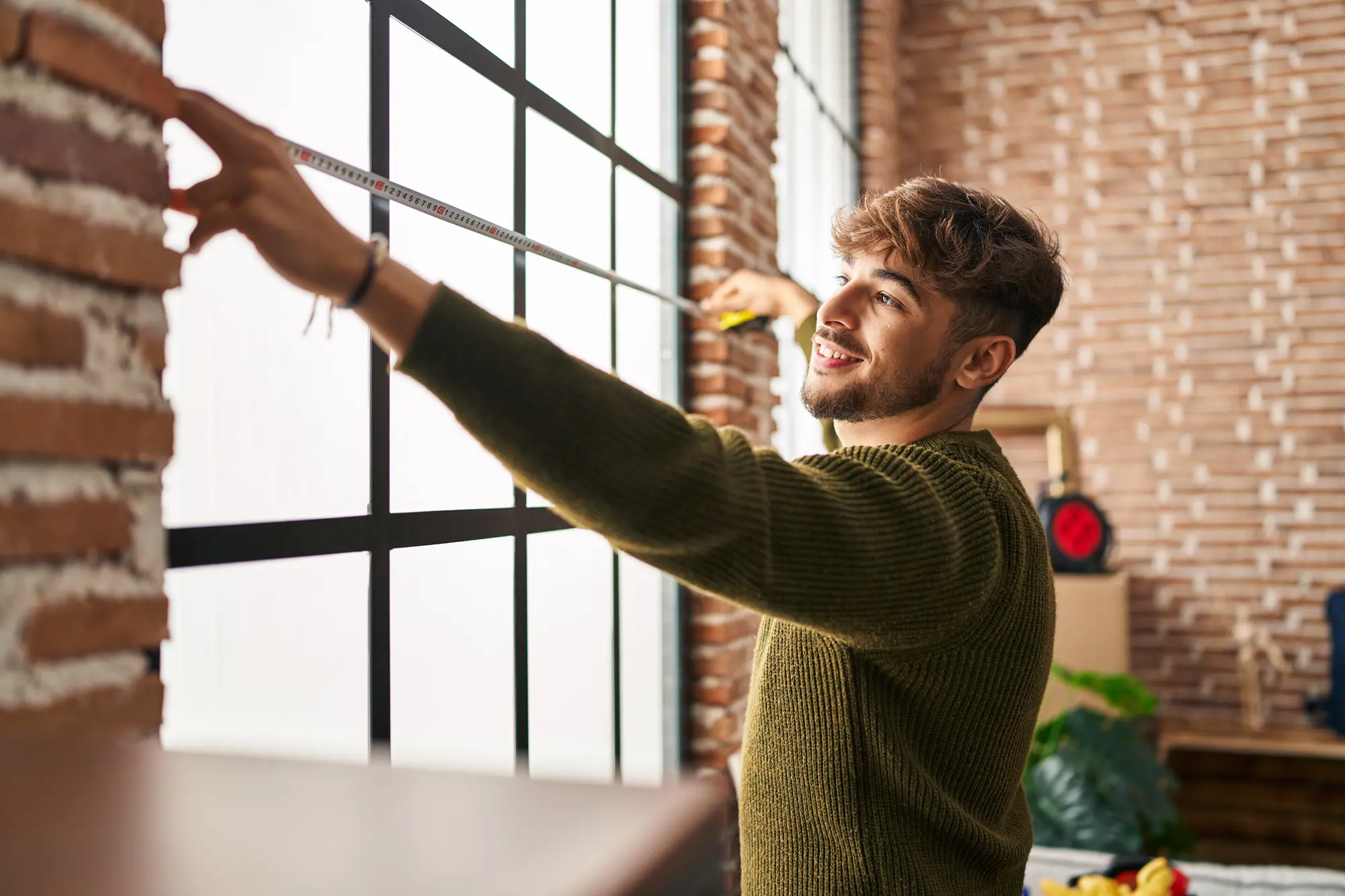A man wearing a green sweater measures the width of a large window with a tape measure in a room with brick walls and plants.